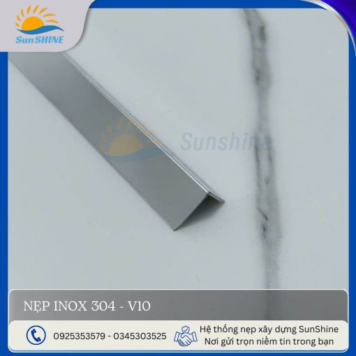 Nẹp inox 304- V10 màu trắng gương, kích thước 10x10 mm, dùng trang trí góc vuông.