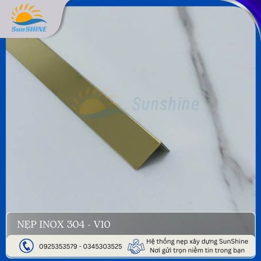 Nẹp inox 304- V10 màu vàng gương, kích thước 10x10 mm, dùng trang trí góc vuông.