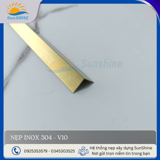 Nẹp inox 304- V10 màu vàng xước, kích thước 10x10 mm, dùng trang trí góc vuông.
