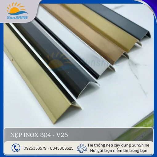 Nẹp inox 304- V25 tổng hợp màu sắc, kích thước 25x25 mm, dùng trang trí góc vuông.