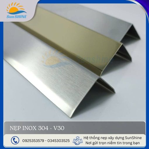Nẹp inox 304- V30 tổng hợp màu sắc, kích thước 30x30 mm, dùng trang trí góc vuông.
