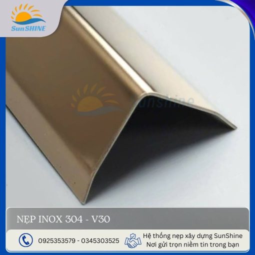 Nẹp inox 304 V30 màu vàng hồng gương, kích thước 30x30mm, dùng trang trí góc vuông.