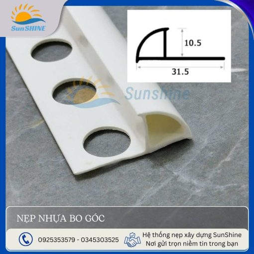 Nẹp nhựa bo góc ngoái YS10 mặt cắt cận cảnh. Dùng để bo góc bảo vệ cạnh tường.